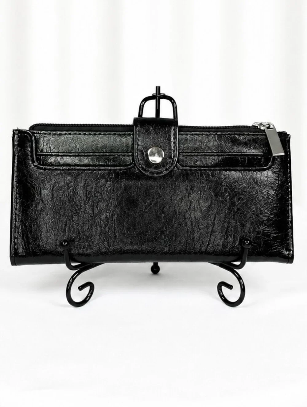👜 Black Faux Leather Textured Bifold Organizer Wallet Zip Snap GUC